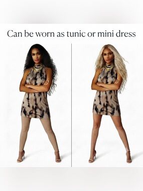 W5 Neutral Tie Dye Halter Tunic Top Mini Dress Length
